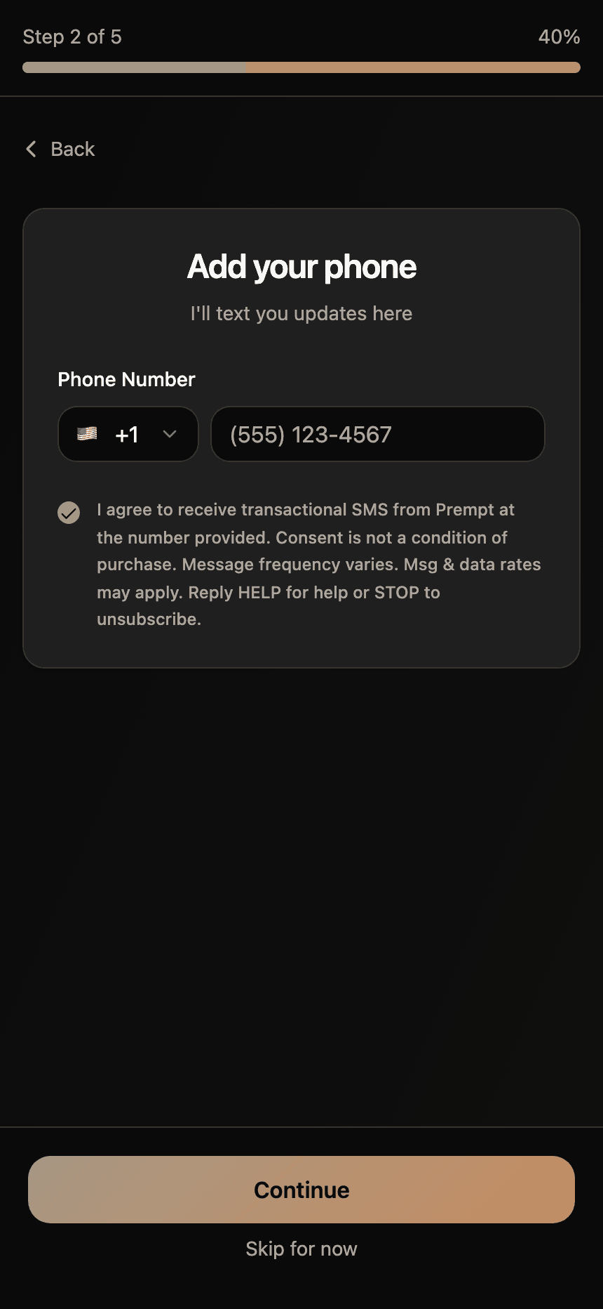The same Prempt signup screen after the consumer has ticked the SMS consent checkbox.